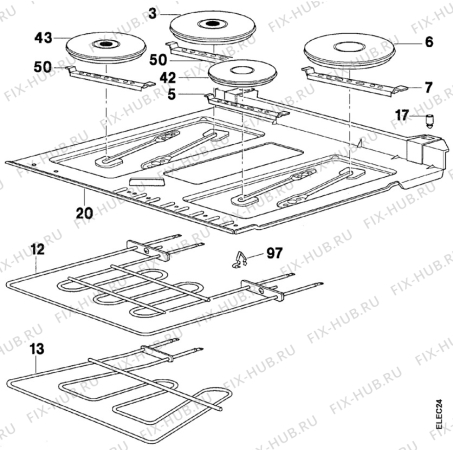 Взрыв-схема плиты (духовки) Faure CCE679W1 - Схема узла Oven and Top functional parts